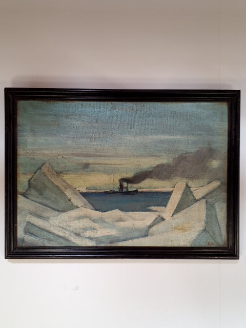 Maleri: dampskib i ishav